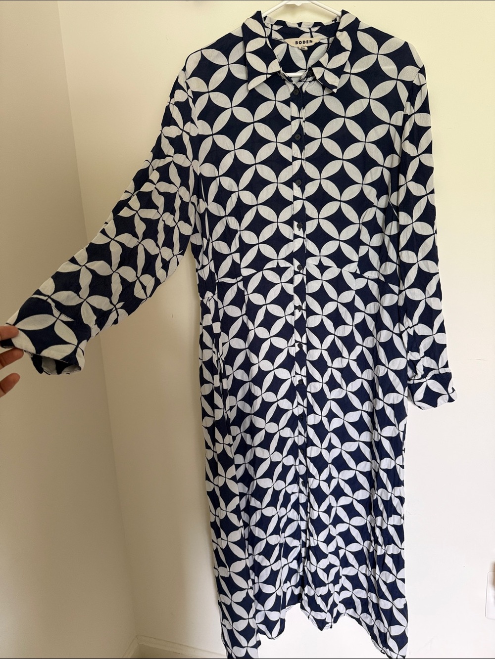 Boden Navy and White Geometric Button-Down Maxi  Dress
